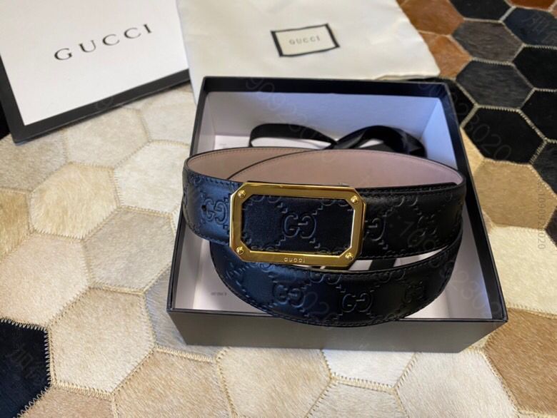 GUCCI古驰精致方形金属扣，双G压纹黑色进口牛皮腰带35mm