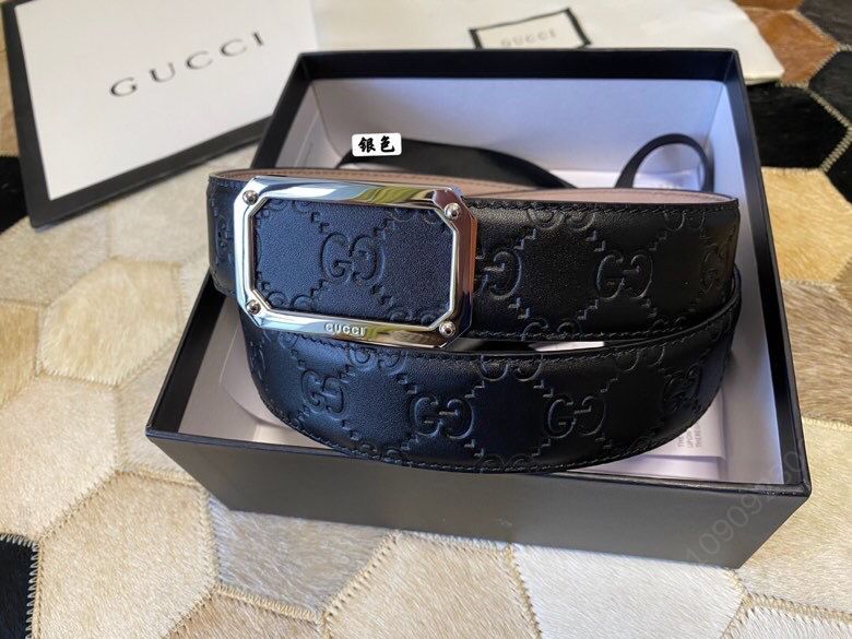 GUCCI古驰精致方形金属扣，双G压纹黑色进口牛皮腰带35mm