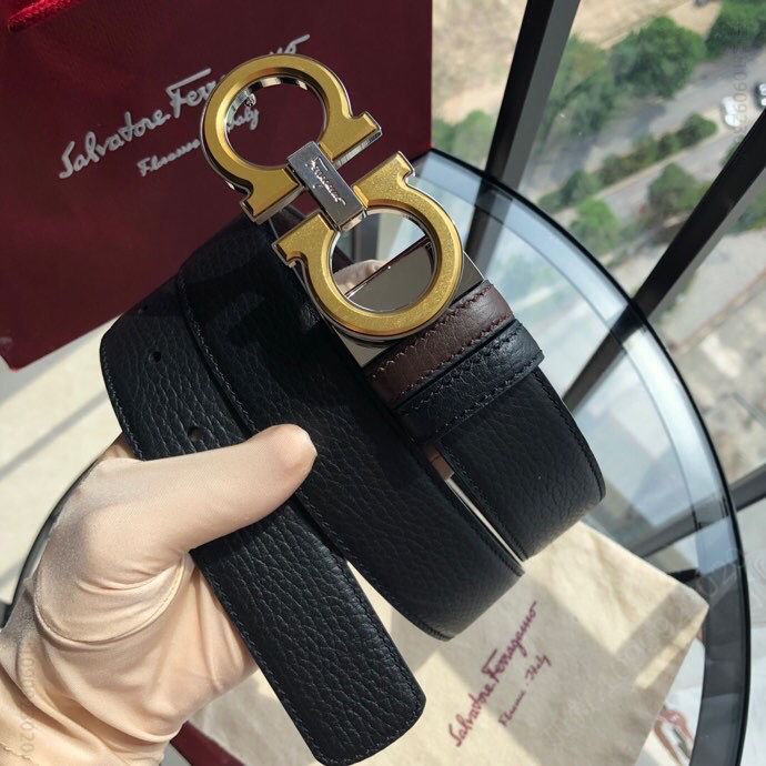 SalvatoreFerragamo菲拉格慕男士3.5cm亚克力双圈金属夹扣头层牛皮双面荔枝腰带