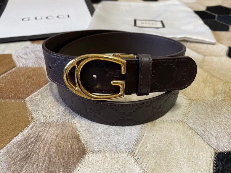 Gucci古驰G字金属夹扣，搭配头层牛皮压纹纹理腰带35mm