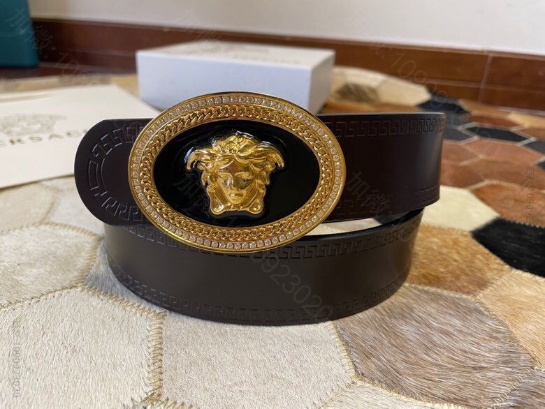 VERSACE范思哲男士黑色咖啡头层牛皮羊纹理美杜莎标志腰带3.8cm