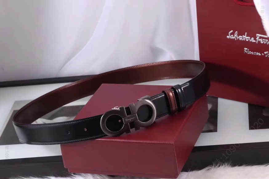 Ferragamo菲拉格慕男士漆皮黑棕双面可用银色双圈腰带