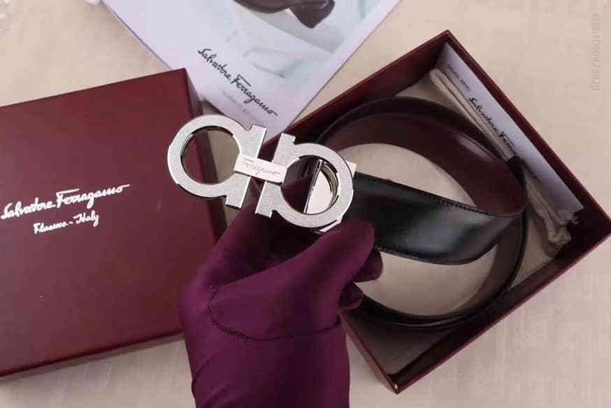 菲拉格慕(Ferragamo)精钢双圈滚砂金属牛皮双面可调式男士腰带