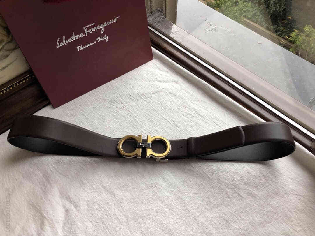 Ferragamo菲拉格慕男士精钢双圈亚克力材质金属扣进口牛皮腰带