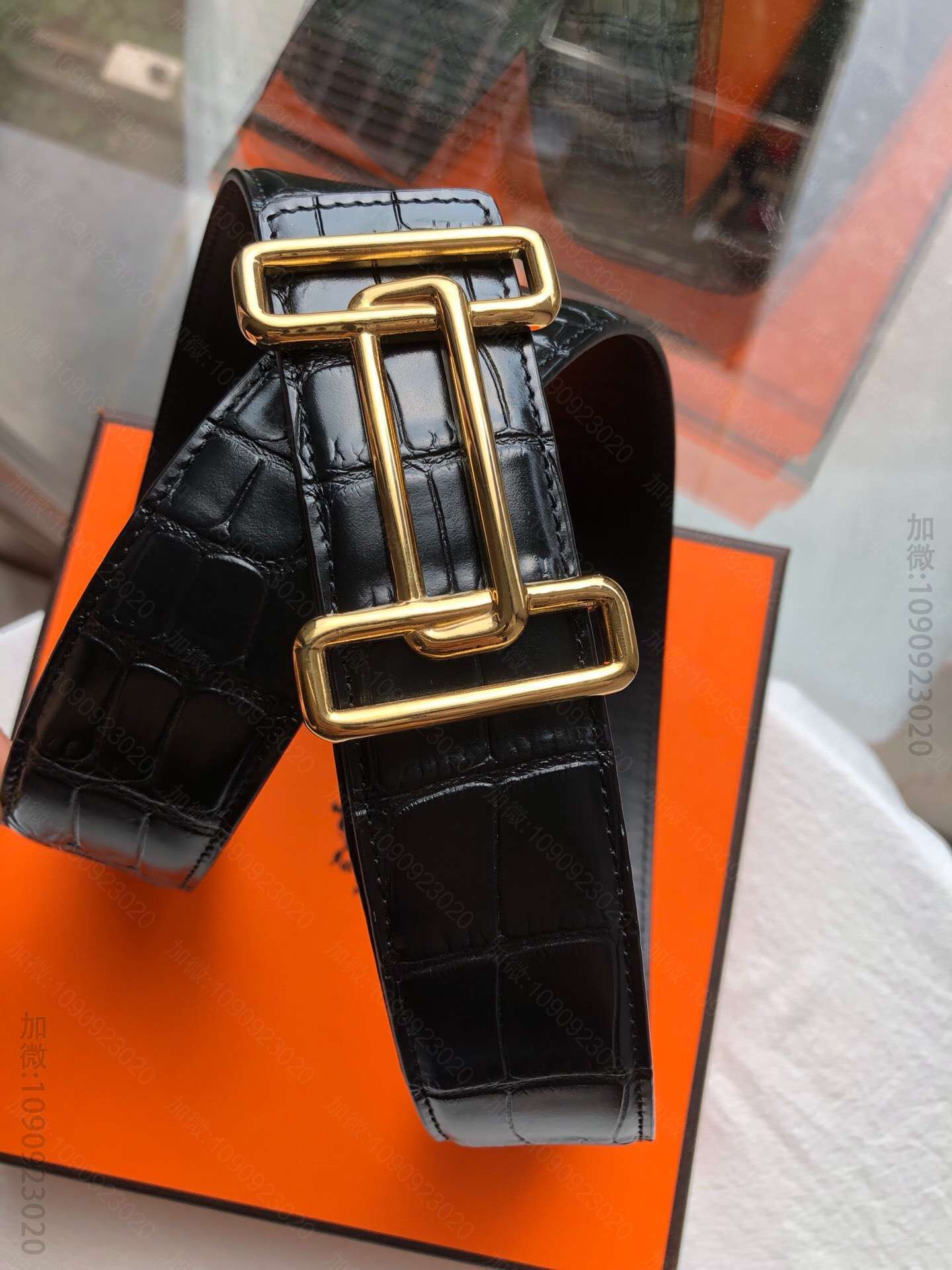 HERMES爱马仕 专柜款皮带扣精钢金属permabrass进口牛皮精仿鳄鱼...