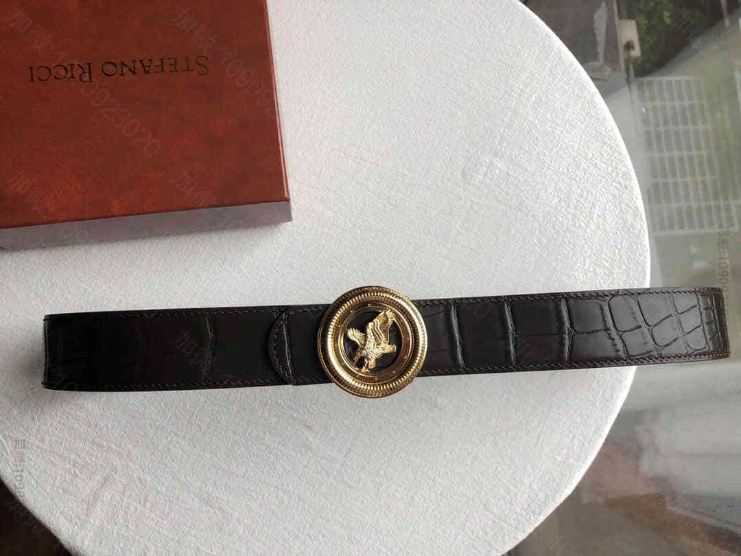 STEFANORICCI史蒂芬精钢动物图案鹰头金属挂扣，腰带头层牛皮鳄鱼纹理...