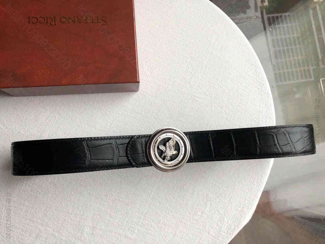 STEFANORICCI史蒂芬精钢动物图案鹰头金属挂扣，腰带头层牛皮鳄鱼纹理...
