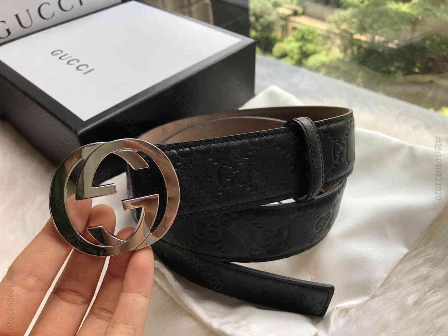 madeinItaly意大利制造经典双G压花进口牛皮Signature皮革腰...