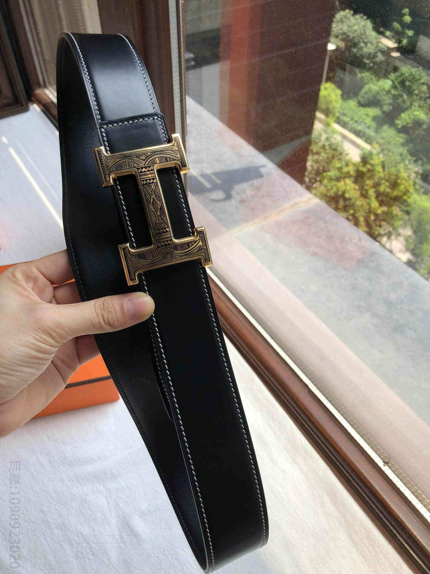 Hermes爱马仕 专柜复古花纹金属扣精钢材质男士原版腰带3.8CM