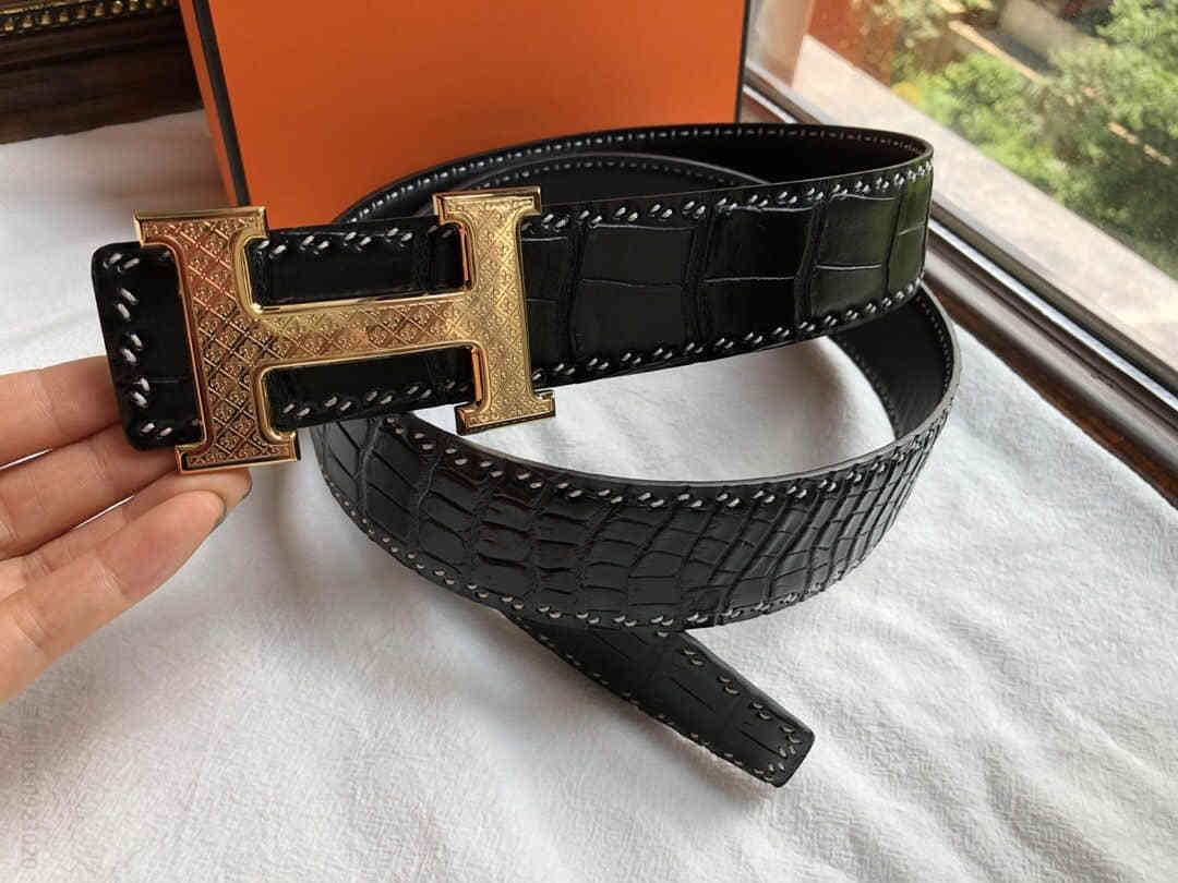 Hermes爱马仕 进口牛皮精仿鳄鱼皮手工穿线工艺腰带男款3.8CM