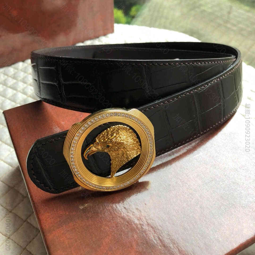 STEFANORICCI史蒂芬精钢动物图案鹰头镶嵌钻金属挂扣，腰带牛皮鳄鱼纹...