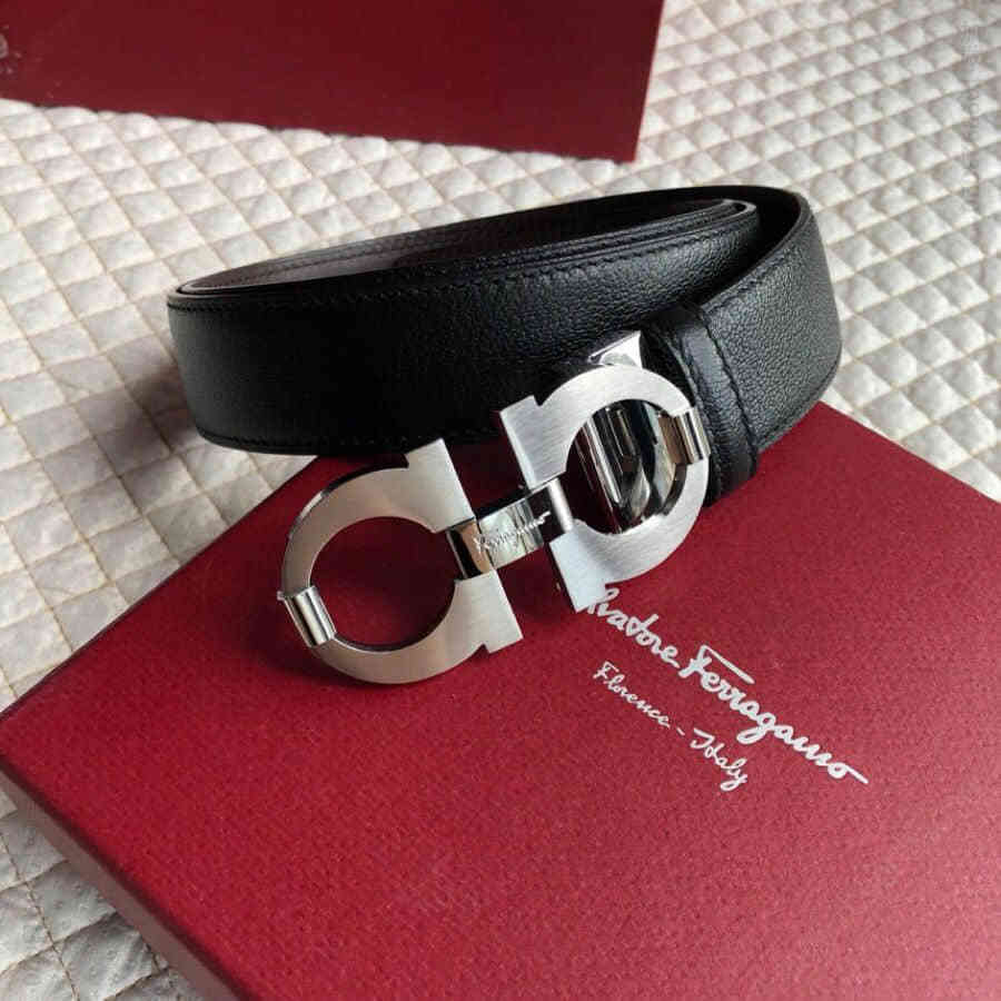 SalvatoreFerragamo菲拉格慕男士3.5CM精钢拉丝金属扣头层牛皮羊纹理腰带可剪裁