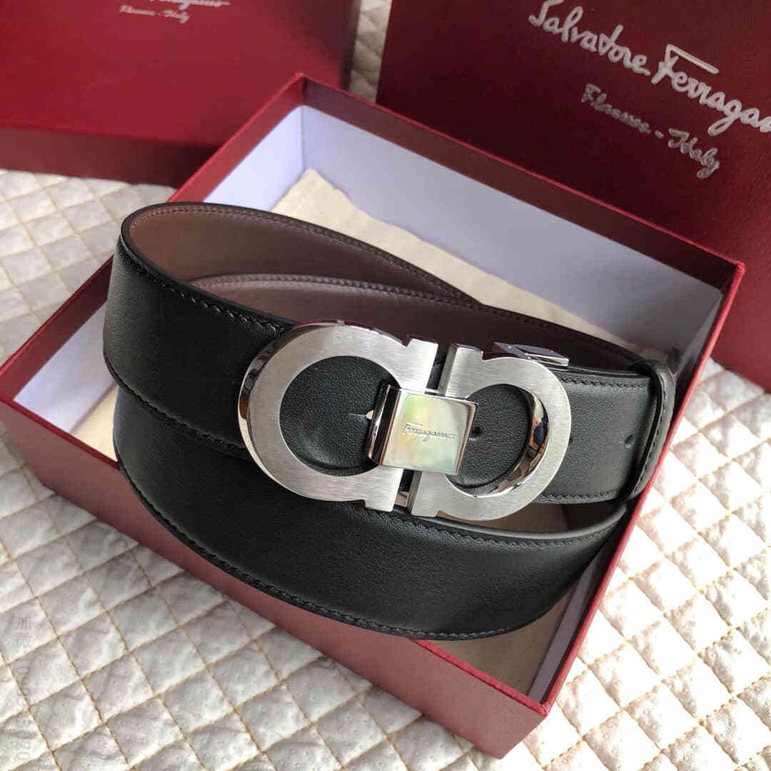 SalvatoreFerragamo菲拉格慕男士3.5CM钢】金属夹扣，进口头层牛皮腰带可剪裁