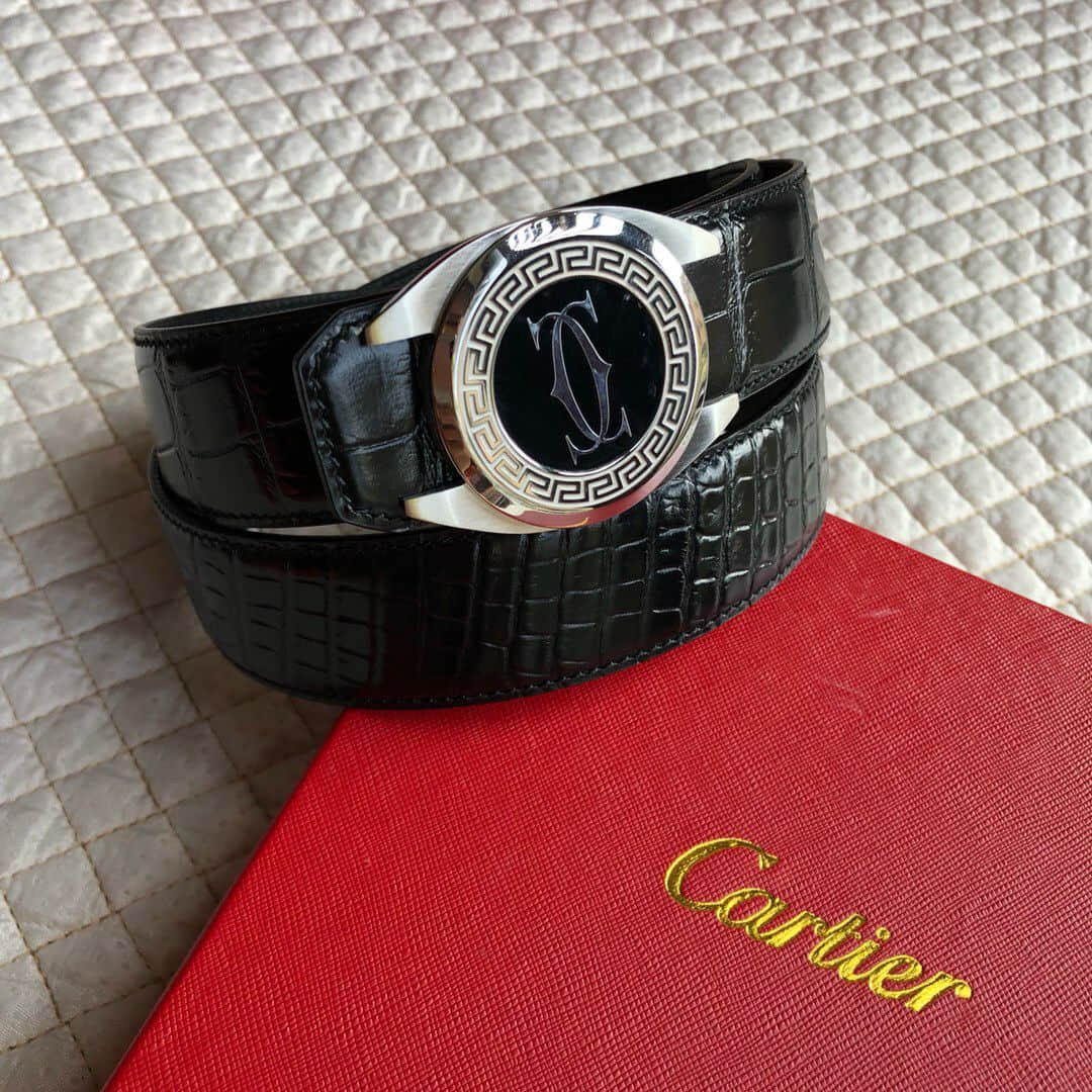 Cartier卡地亚精钢金属挂扣进口牛皮精仿鳄鱼皮男士3.5CM腰带