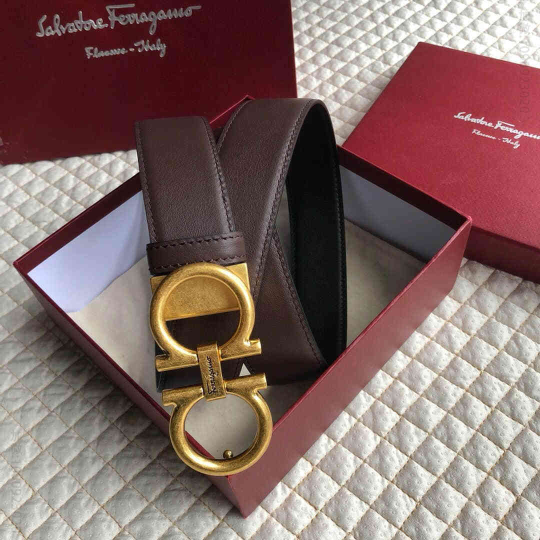 SalvatoreFerragamo菲拉格慕男士3.5CM精品复古金属夹扣，进口双面头层牛皮腰带可剪裁