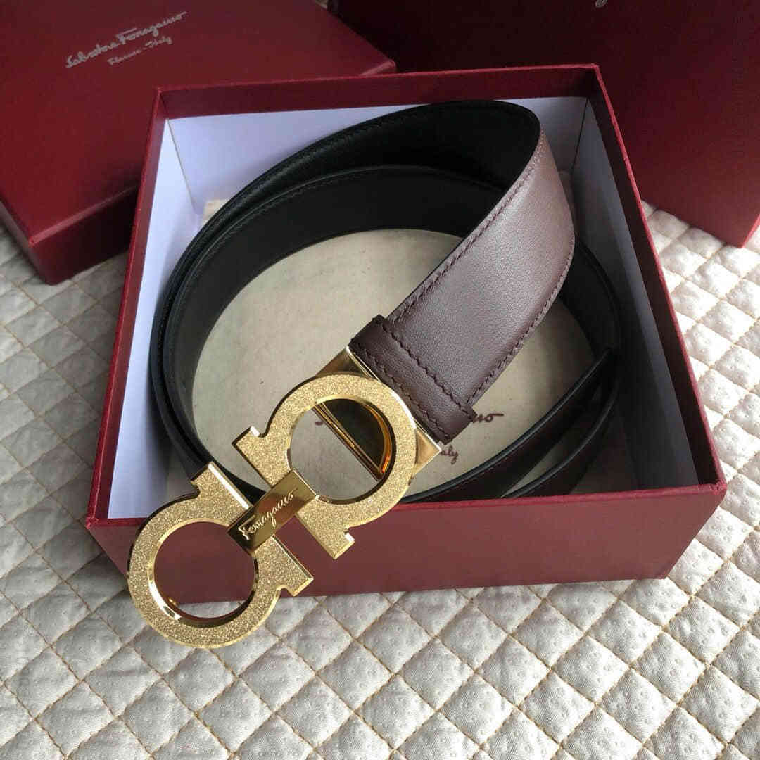 SalvatoreFerragamo菲拉格慕男士3.5CM精钢滚砂金属夹扣，进口双面头层牛皮腰带可剪裁