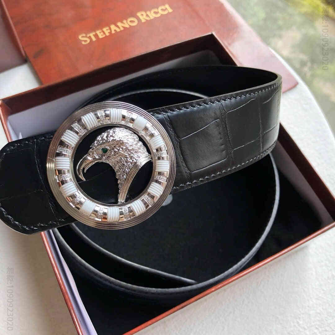 STEFANORICCI史蒂芬精钢鹰头镶嵌钻扣，腰带牛皮鳄鱼纹理38mm