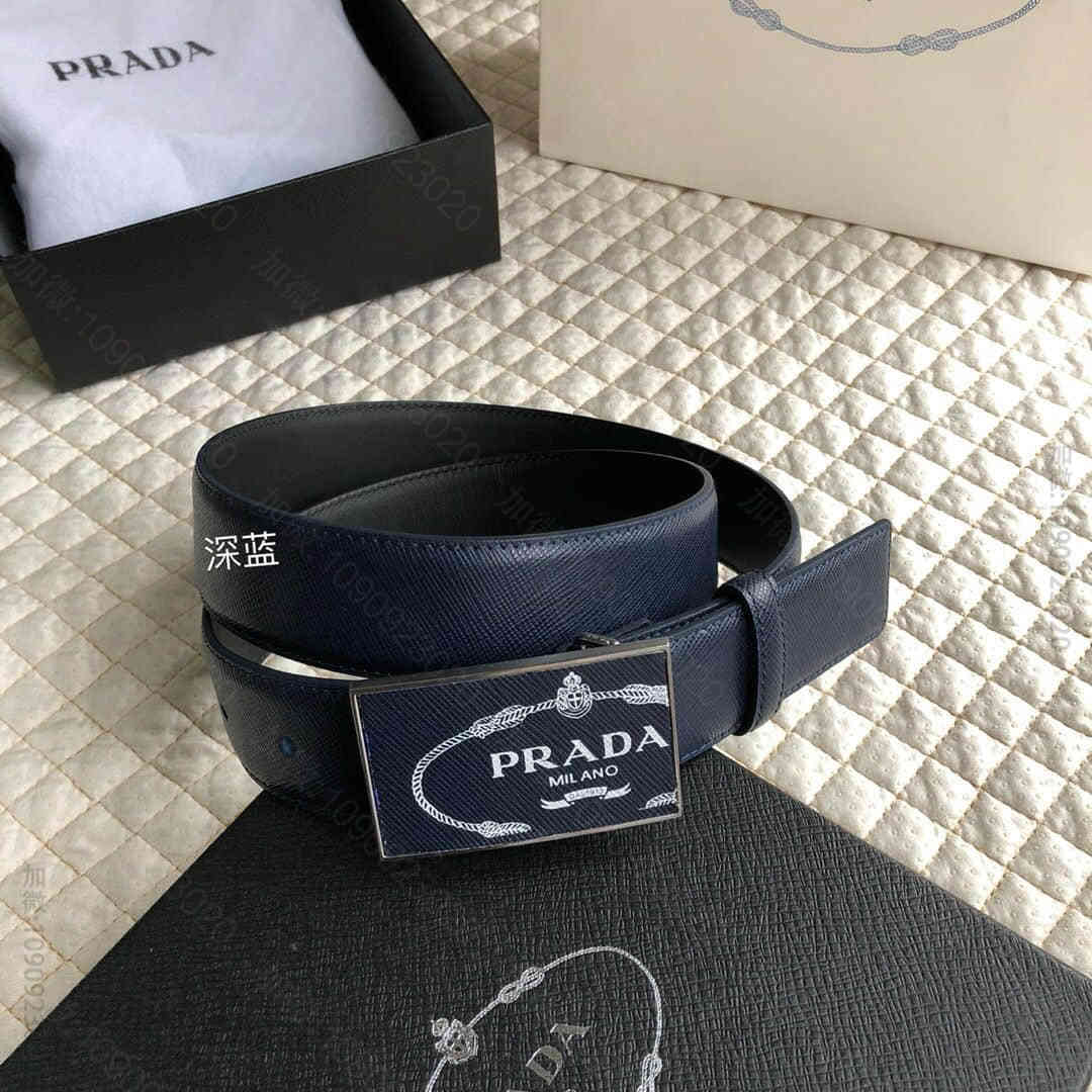 PRADA普拉达男款字母logo十字纹腰带3.5CM