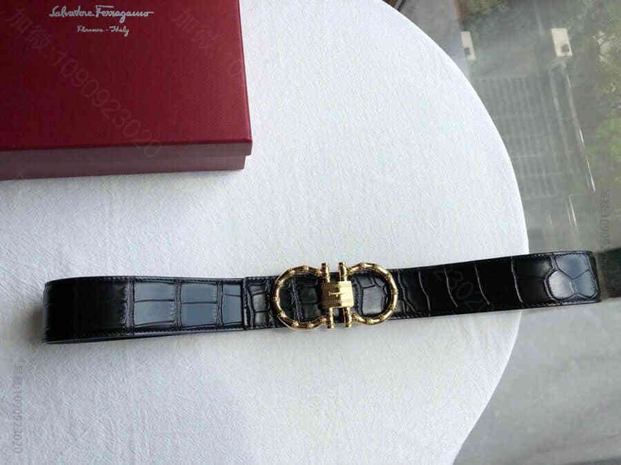 菲拉格慕精致竹节挂扣与进口牛皮精仿鳄鱼皮带38mm