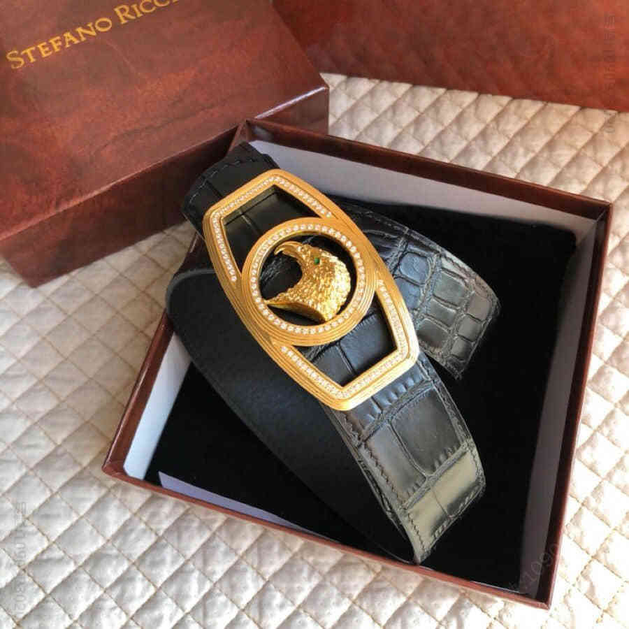 STEFANORICCI史蒂芬精钢动物图案鹰头镶嵌钻金属挂扣腰带牛皮鳄鱼纹理38mm