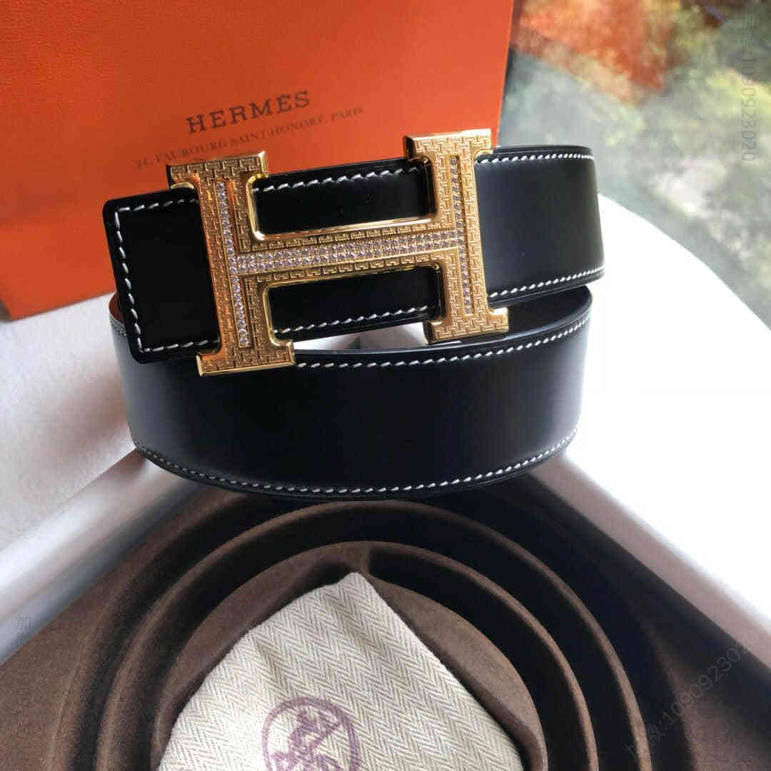 Hermes爱马仕 精钢花纹镶嵌金属钻扣搭配双面用头层牛皮腰带3.8CM