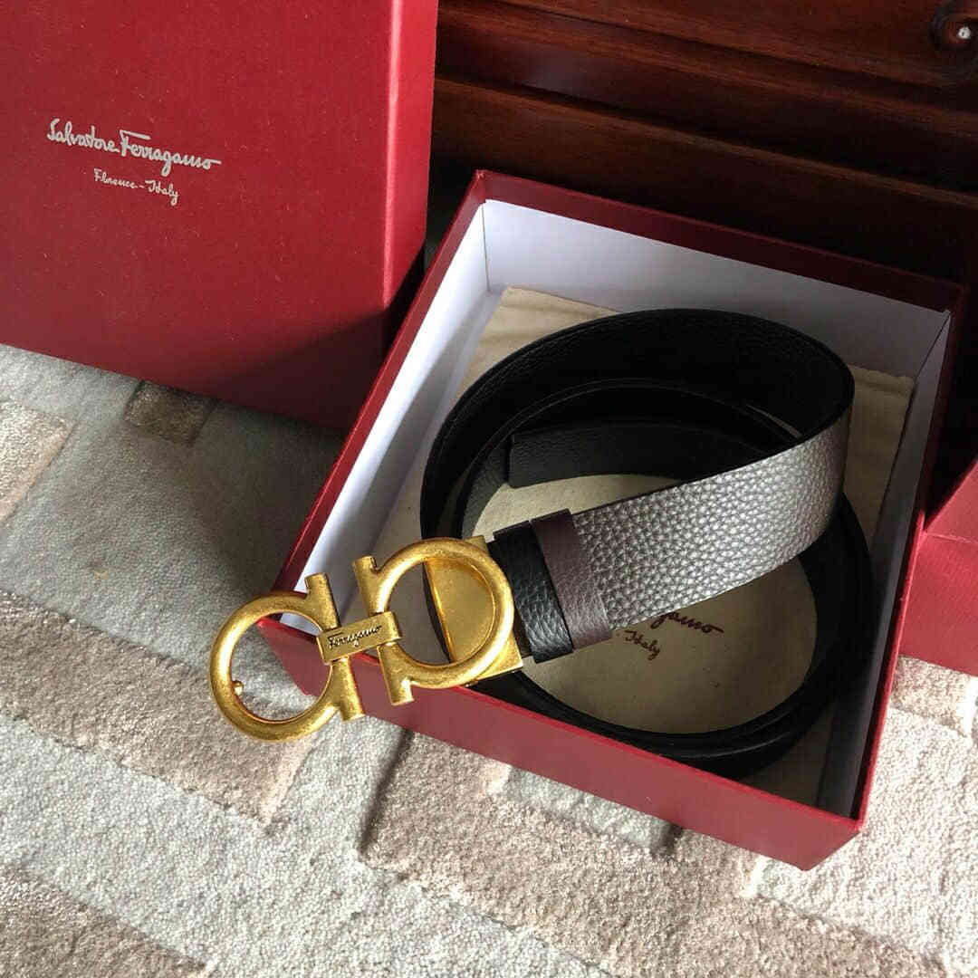SalvatoreFerragamo菲拉格慕男士3.5CM精品复古金属夹扣，头层牛皮甩纹腰带可剪裁