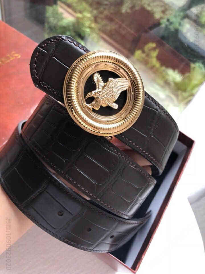 STEFANORICCI史蒂芬精钢动物图案鹰头金属挂扣，腰带头层牛皮鳄鱼纹理38mm
