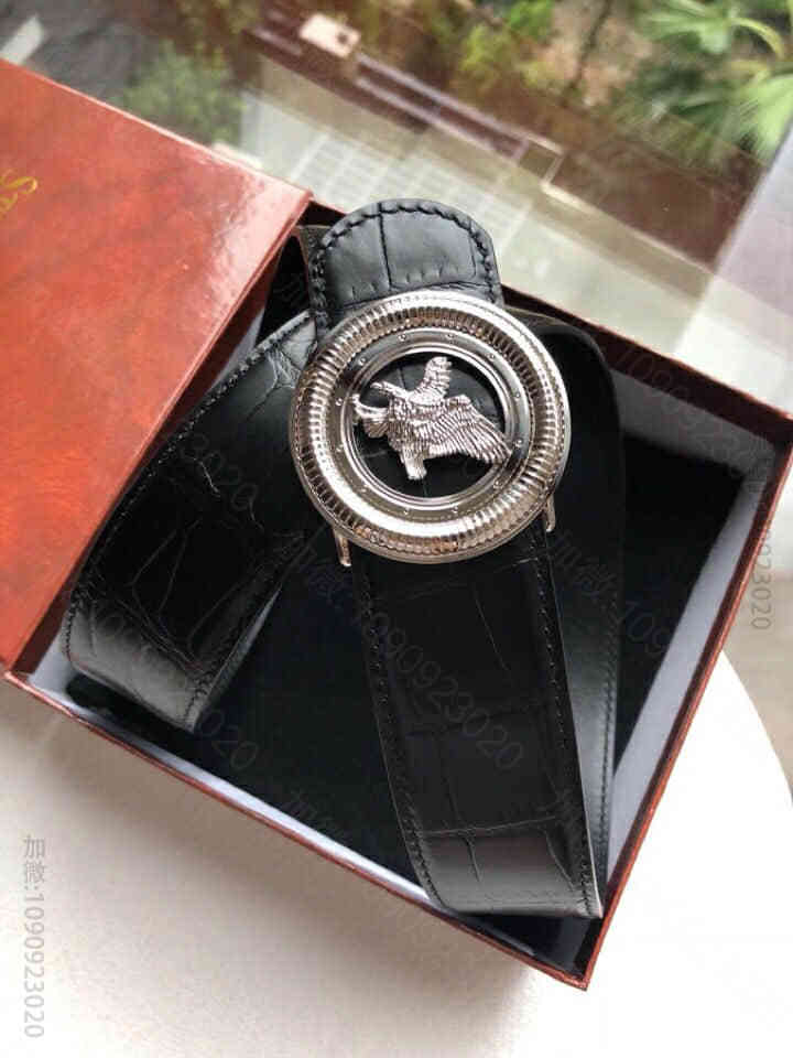 STEFANORICCI史蒂芬精钢动物图案鹰头金属挂扣，腰带头层牛皮鳄鱼纹理38mm