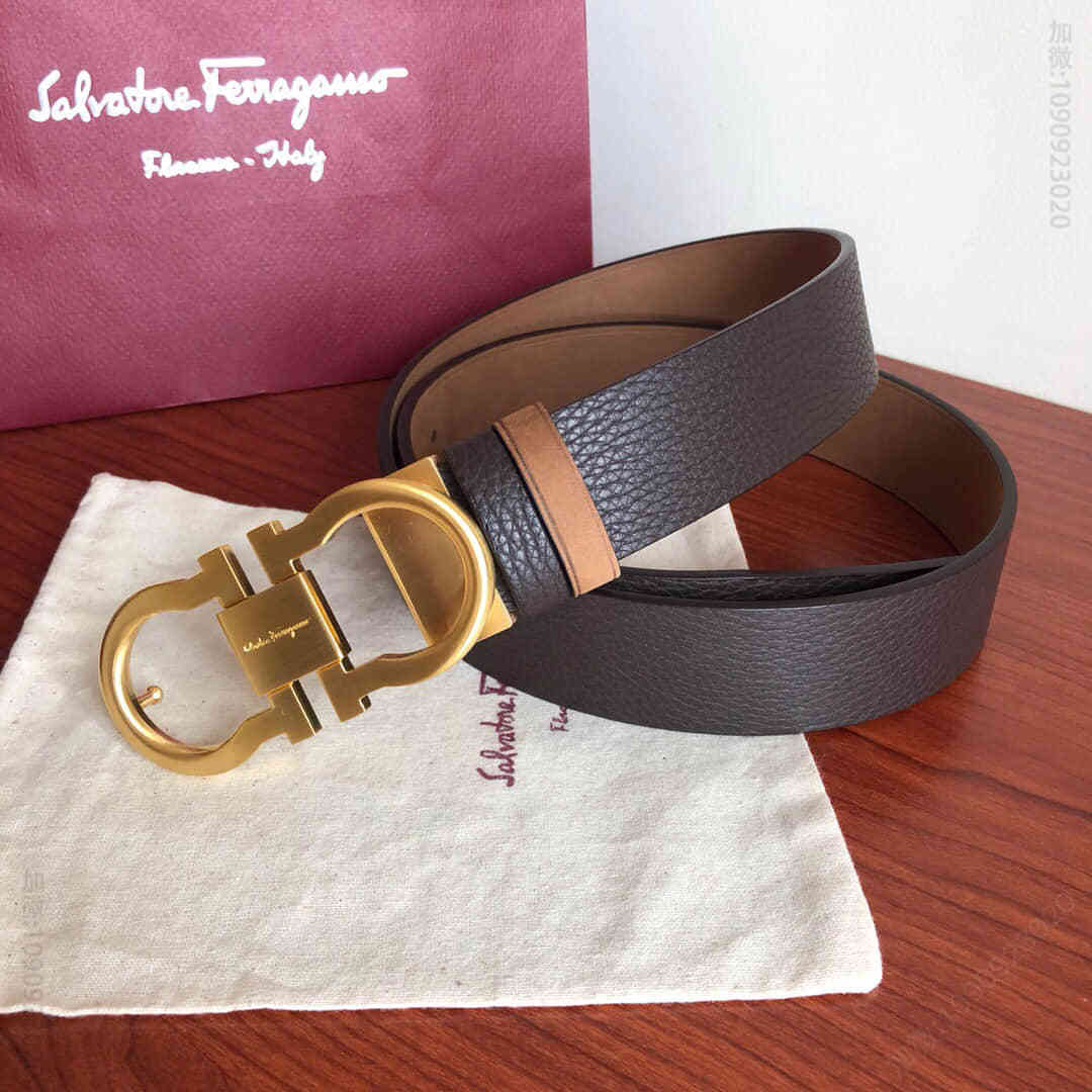 SalvatoreFerragamo菲拉格慕男士3.5CM精品金属夹扣头层牛皮甩纹腰带绒面内衬可剪裁