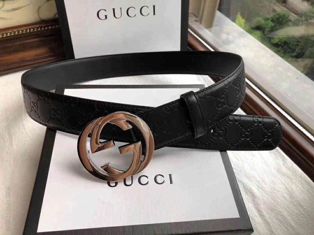 古弛意大利制造经典双G压花进口牛皮腰带皮带宽度:38mm