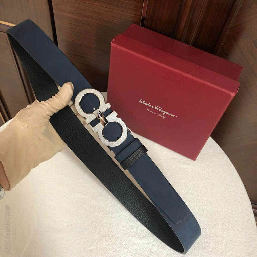 SalvatoreFerragamo菲拉格慕精钢滚砂工艺金属夹扣头层牛皮甩纹腰带绒面内衬可剪裁3.5CM