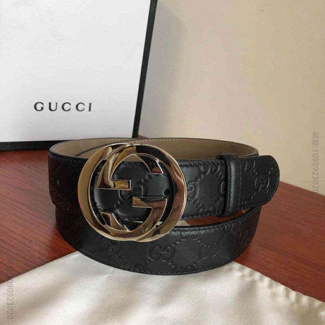 Signature皮带男士银色双G压花牛皮腰带38mm
