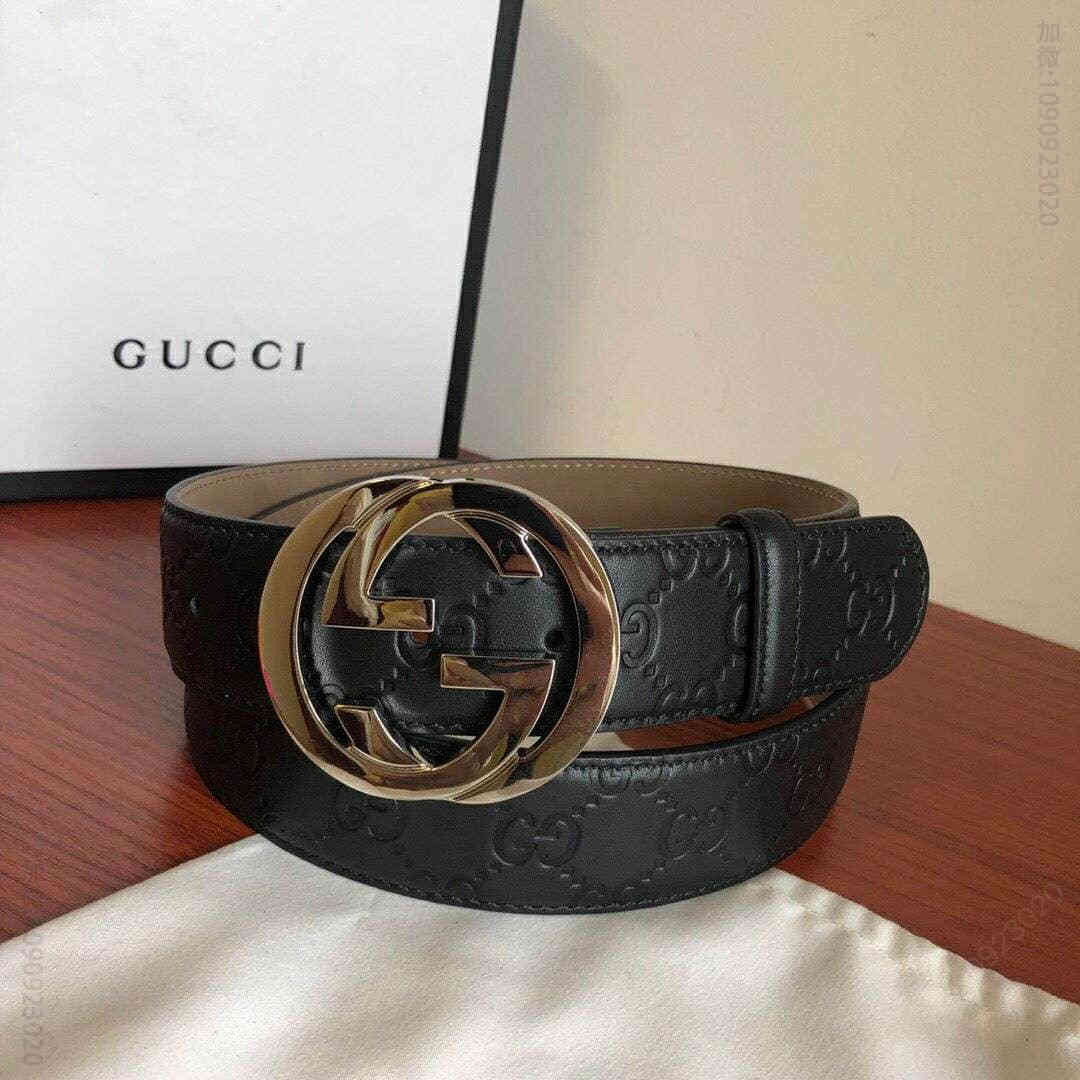 Signature皮带男士银色双G压花牛皮腰带38mm 