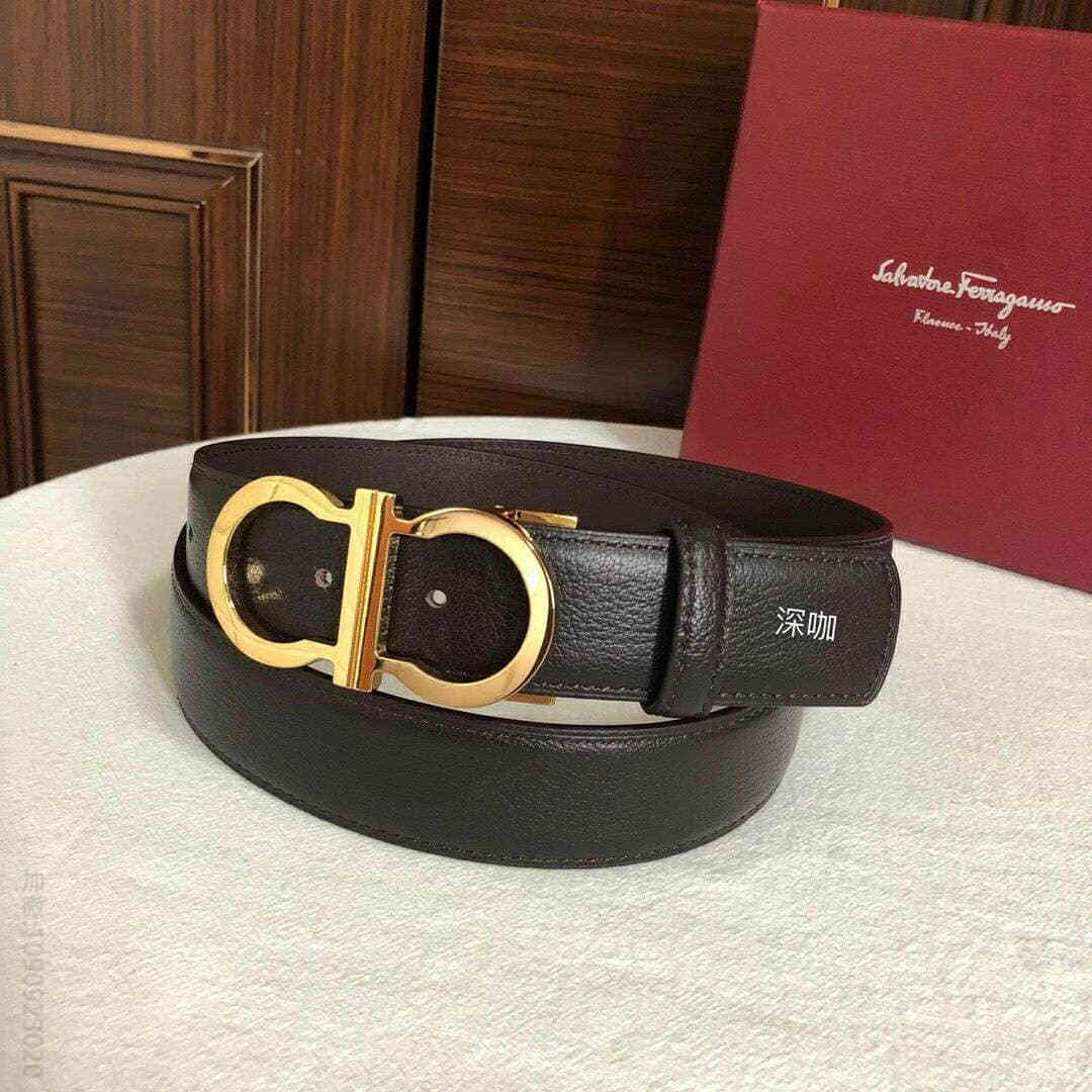 SalvatoreFerragamo菲拉格慕男士3.5CM精致双圈夹扣，头层牛皮羊纹理腰带