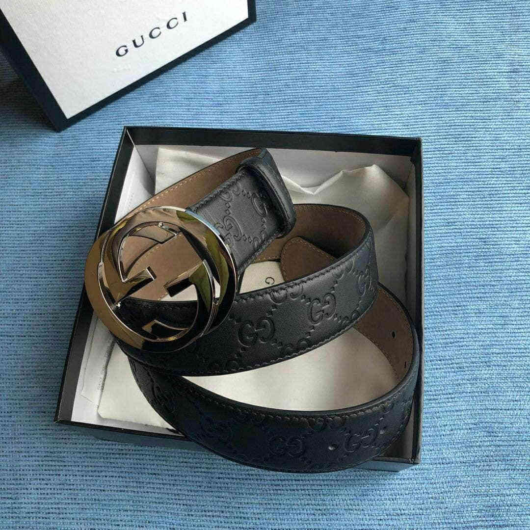 男士皮带银色双G压花牛皮腰带38mm 