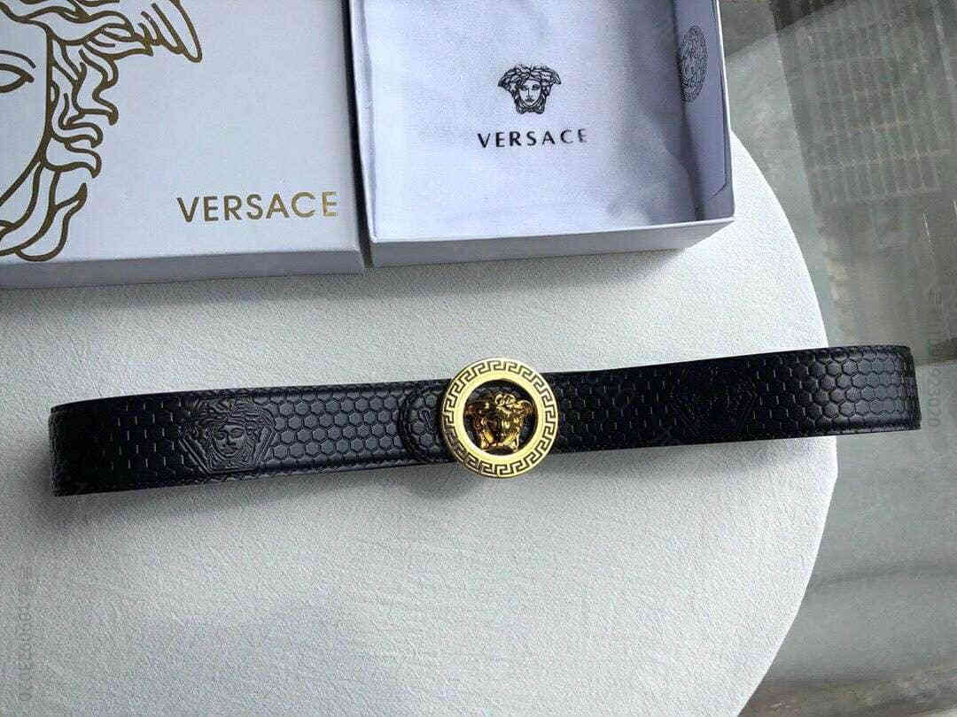 VERSACE范思哲男士黑色咖啡头层牛皮美杜莎标志腰带3.8cm