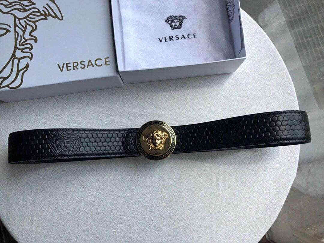 VERSACE范思哲男士黑色咖啡头层牛皮美杜莎标志腰带3.8cm