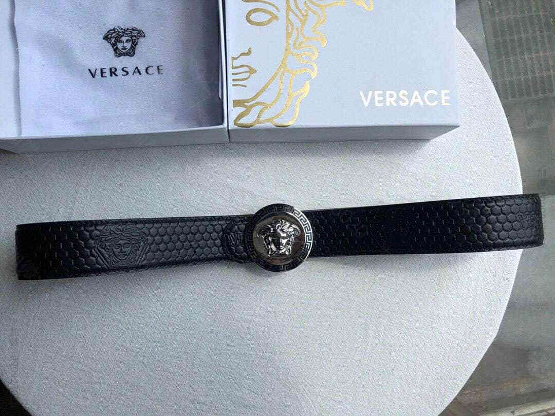 VERSACE范思哲男士黑色咖啡头层牛皮美杜莎标志腰带3.8cm