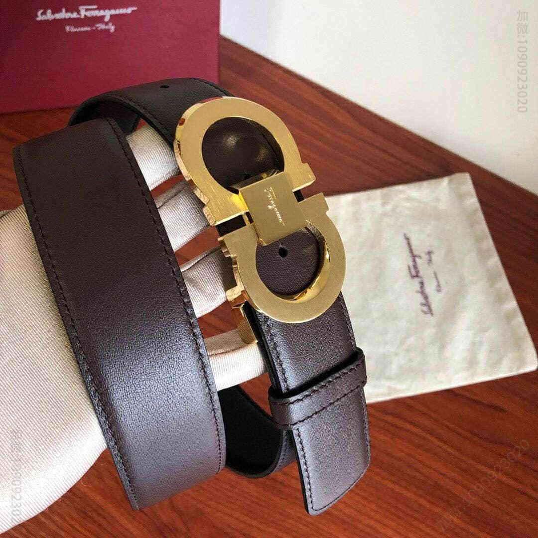 SalvatoreFerragamo菲拉格慕精钢斜切面双圈金属夹扣，进口头层牛皮腰带3.5CM