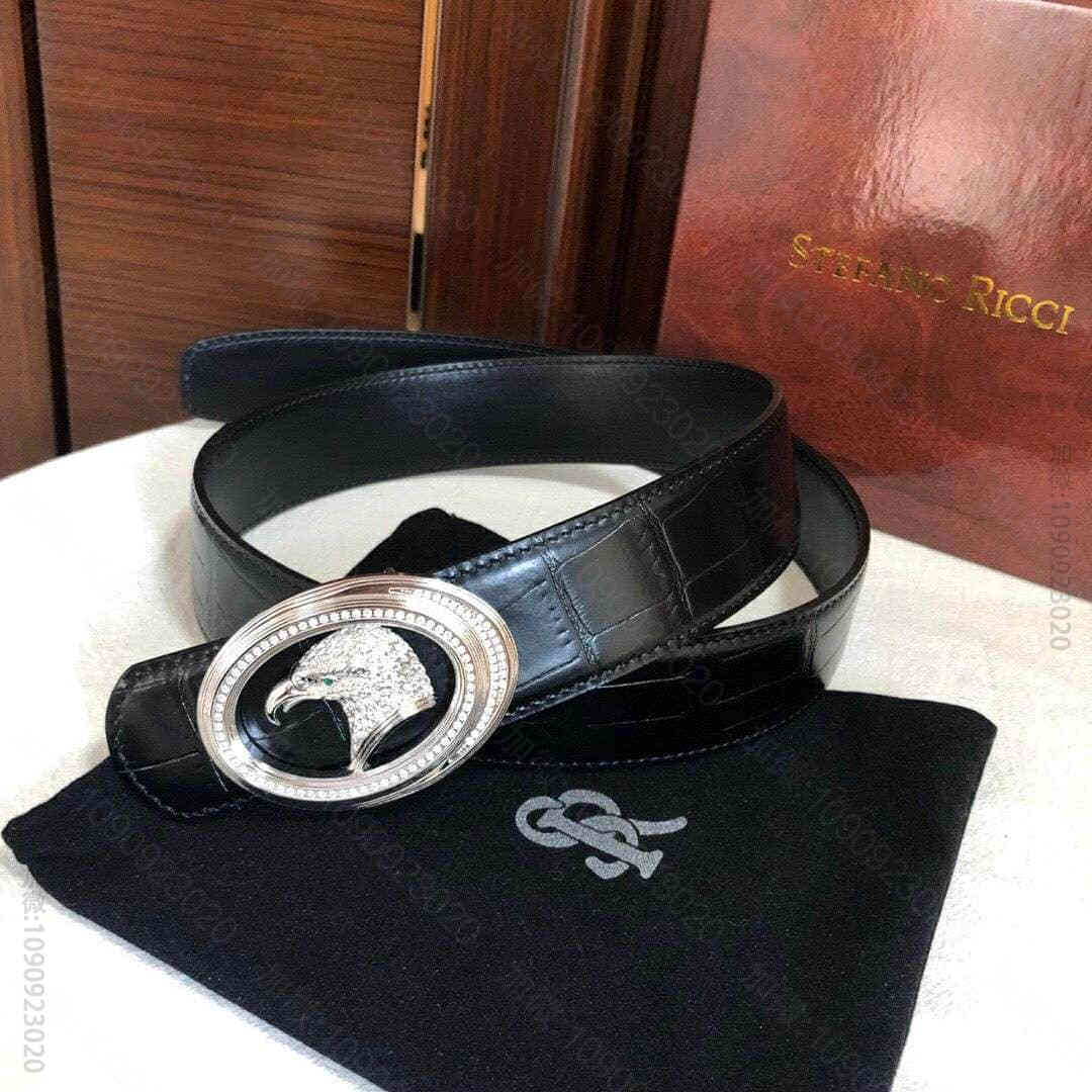 史蒂芬专柜款版型精钢鹰头镶嵌钻扣头层牛皮精仿鳄鱼皮腰带 