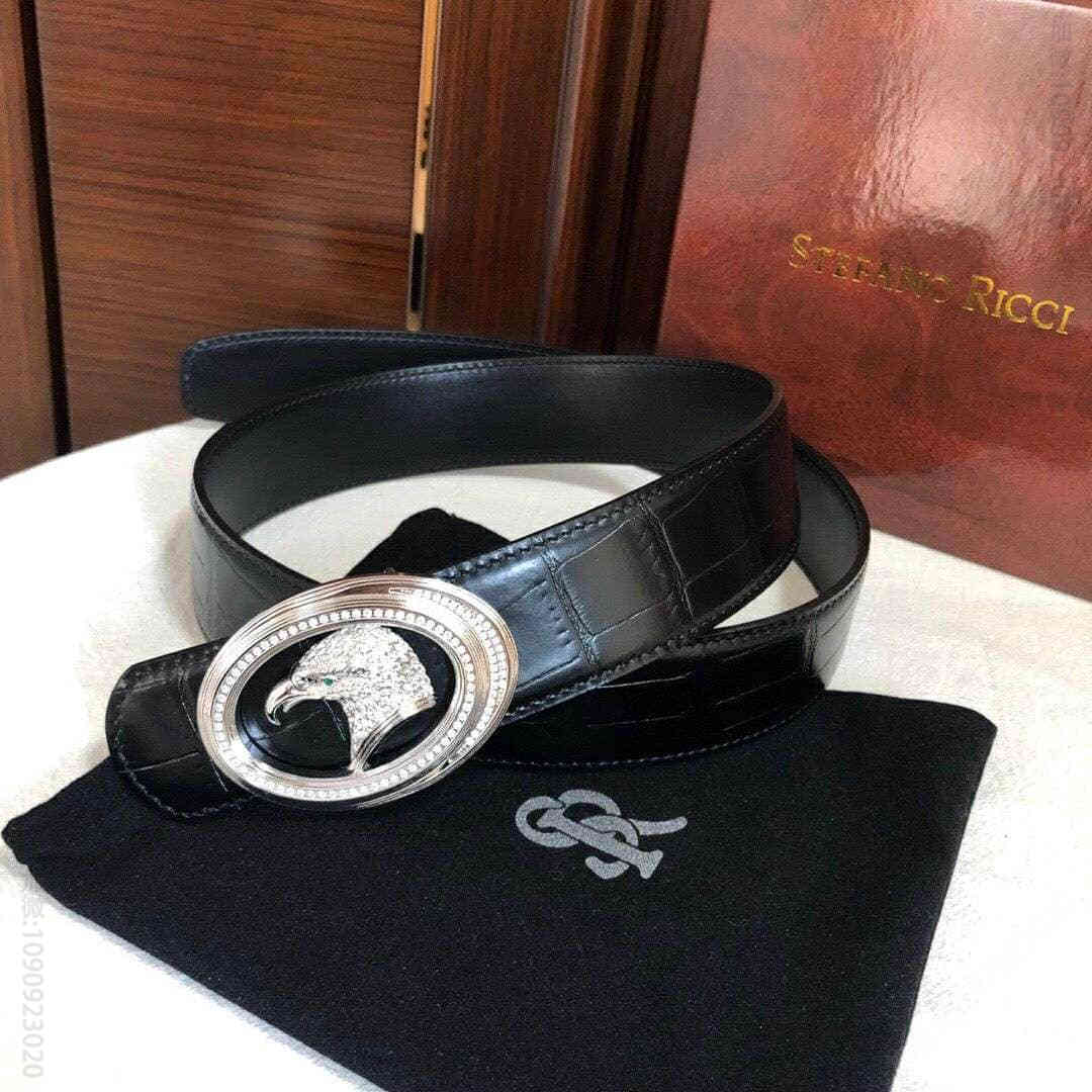 史蒂芬专柜款版型精钢鹰头镶嵌钻扣头层牛皮精仿鳄鱼皮腰带