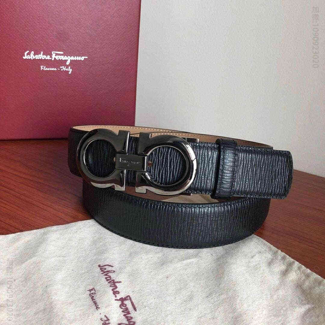 SalvatoreFerragamo头层牛皮十字纹理双圈夹扣腰带