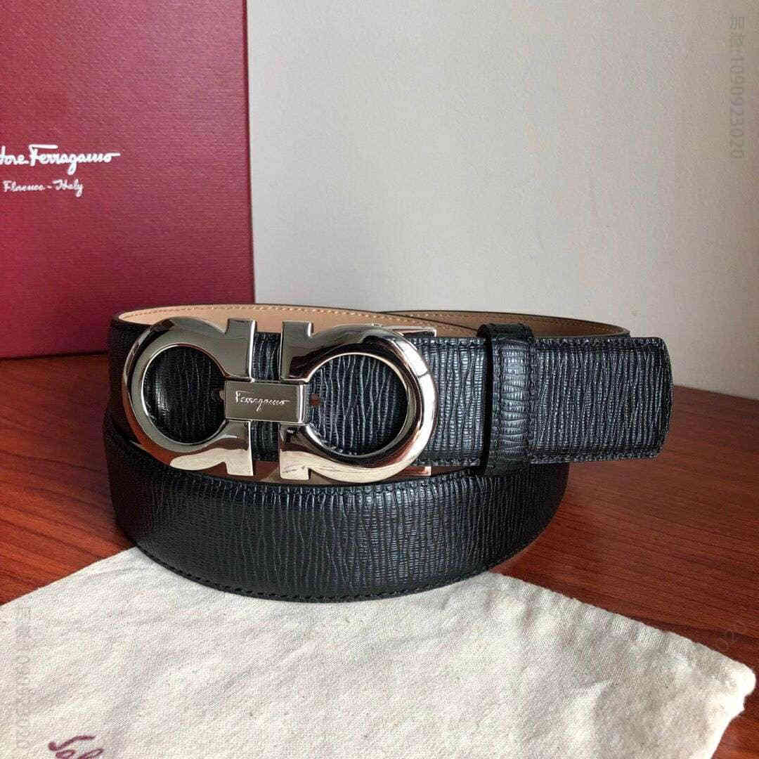 SalvatoreFerragamo头层牛皮十字纹理双圈夹扣腰带