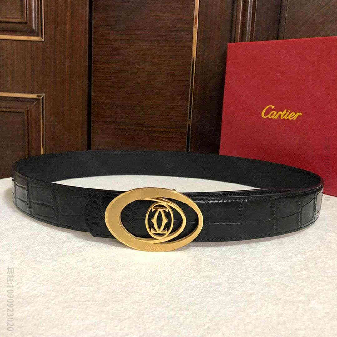 Cartier卡地亚精钢双C镂空金属扣头层牛皮精仿鳄鱼皮腰带3.5cm