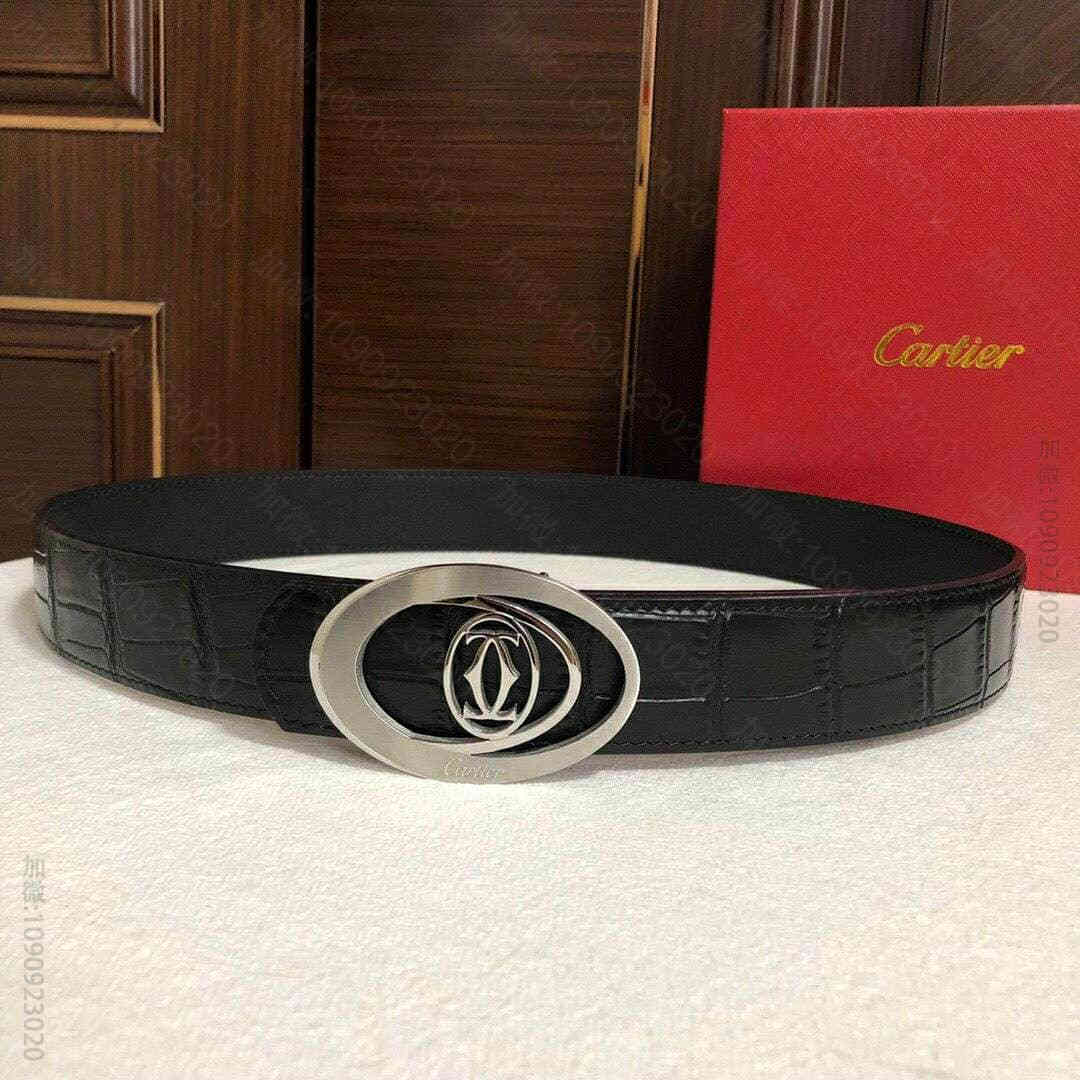 Cartier卡地亚精钢双C镂空金属扣头层牛皮精仿鳄鱼皮腰带3.5cm