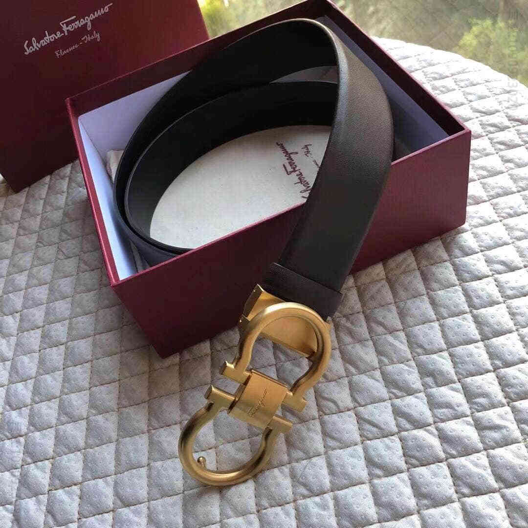 菲拉格慕(意大利)双面头层牛皮平面，精品双圈金属夹扣男士腰带3.5cm