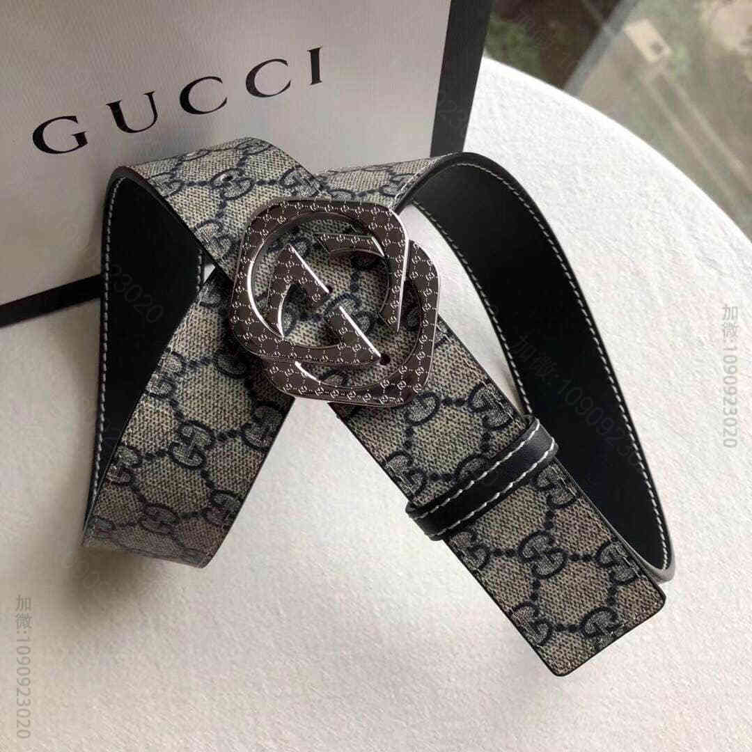 古驰男士腰带 精钢金菱形花纹金属扣专柜PVC面料头层牛皮内衬腰带 古驰腰带 