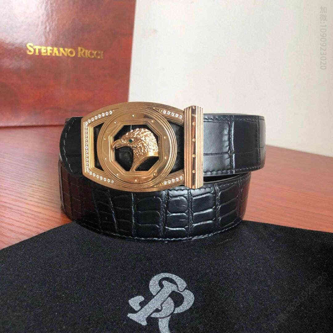 STEFANORICCI史蒂芬.劳尼治专柜款版型精钢鹰头镶嵌钻扣3.5cm头层牛皮精仿鳄鱼皮腰带