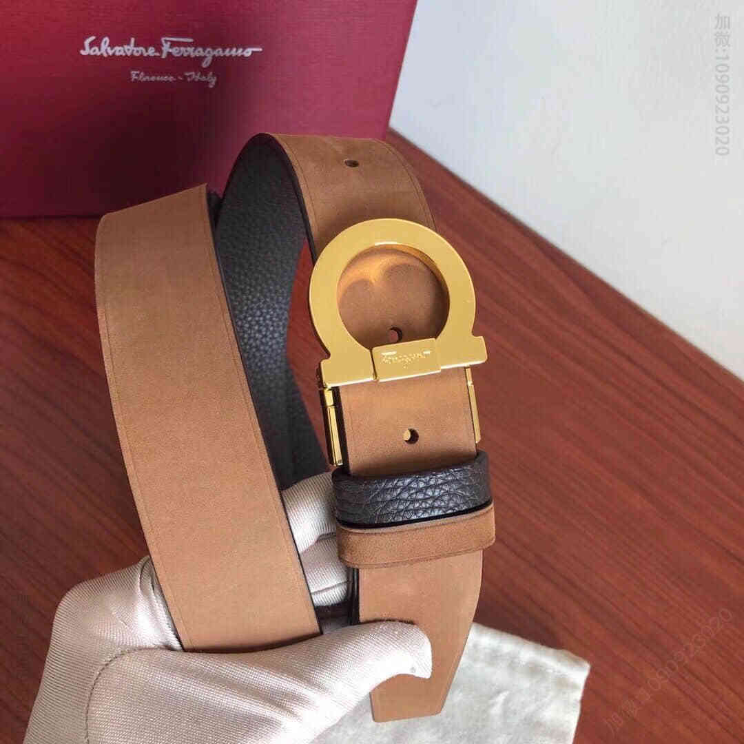 SalvatoreFerragamo菲拉格慕男士3.5cm专柜旋转金属夹扣，进口头层牛皮甩纹绒面内衬腰带，可剪裁。