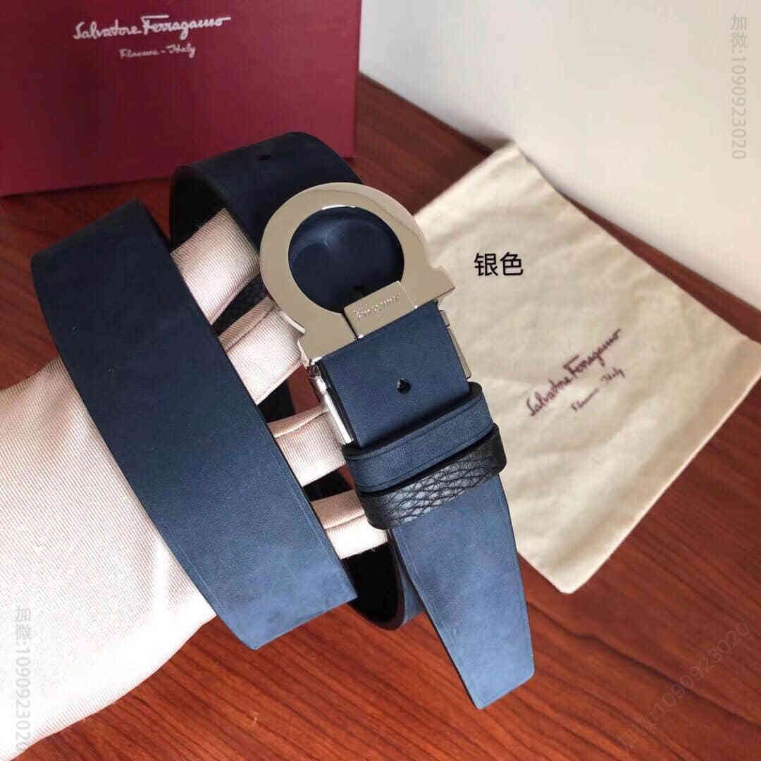 SalvatoreFerragamo菲拉格慕男士3.5cm专柜旋转金属夹扣，进口头层牛皮甩纹绒面内衬腰带，可剪裁。